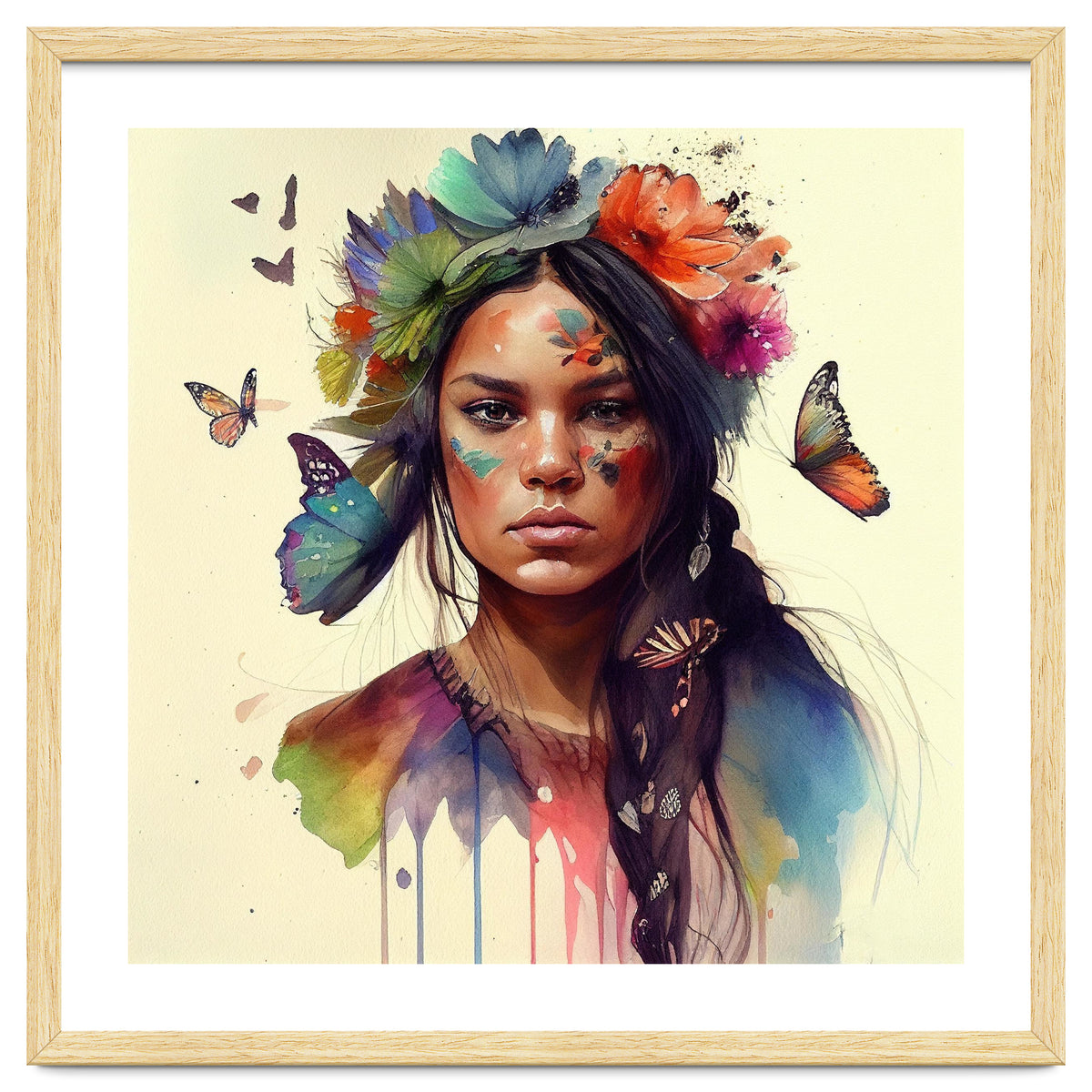 Watercolor Floral Indian Native Woman #11