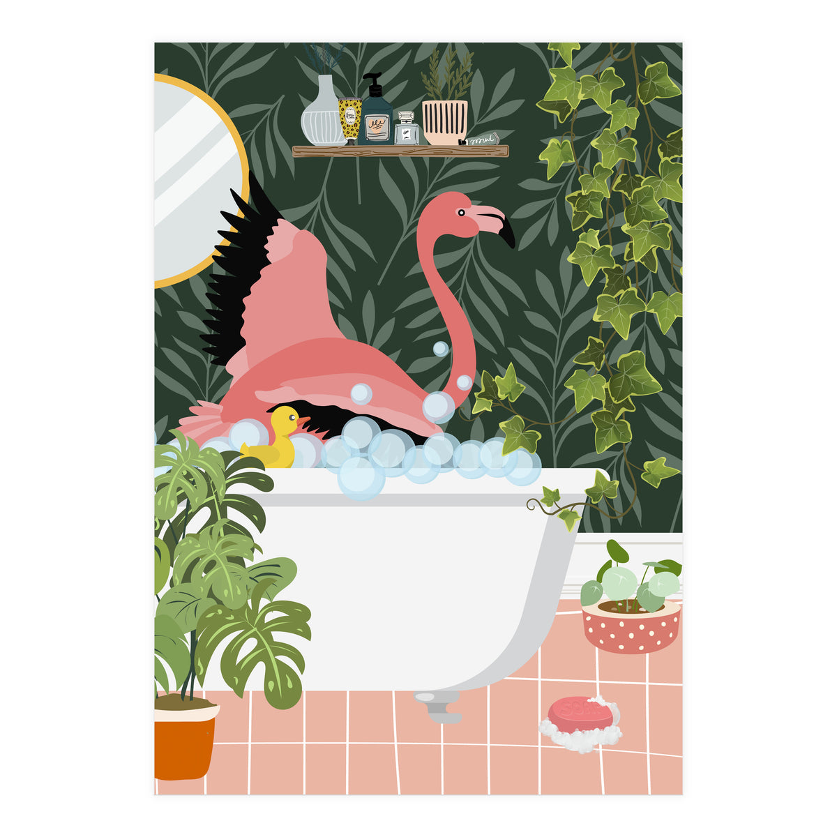 Flamingo Taking a Bubble Bath (Print Only)