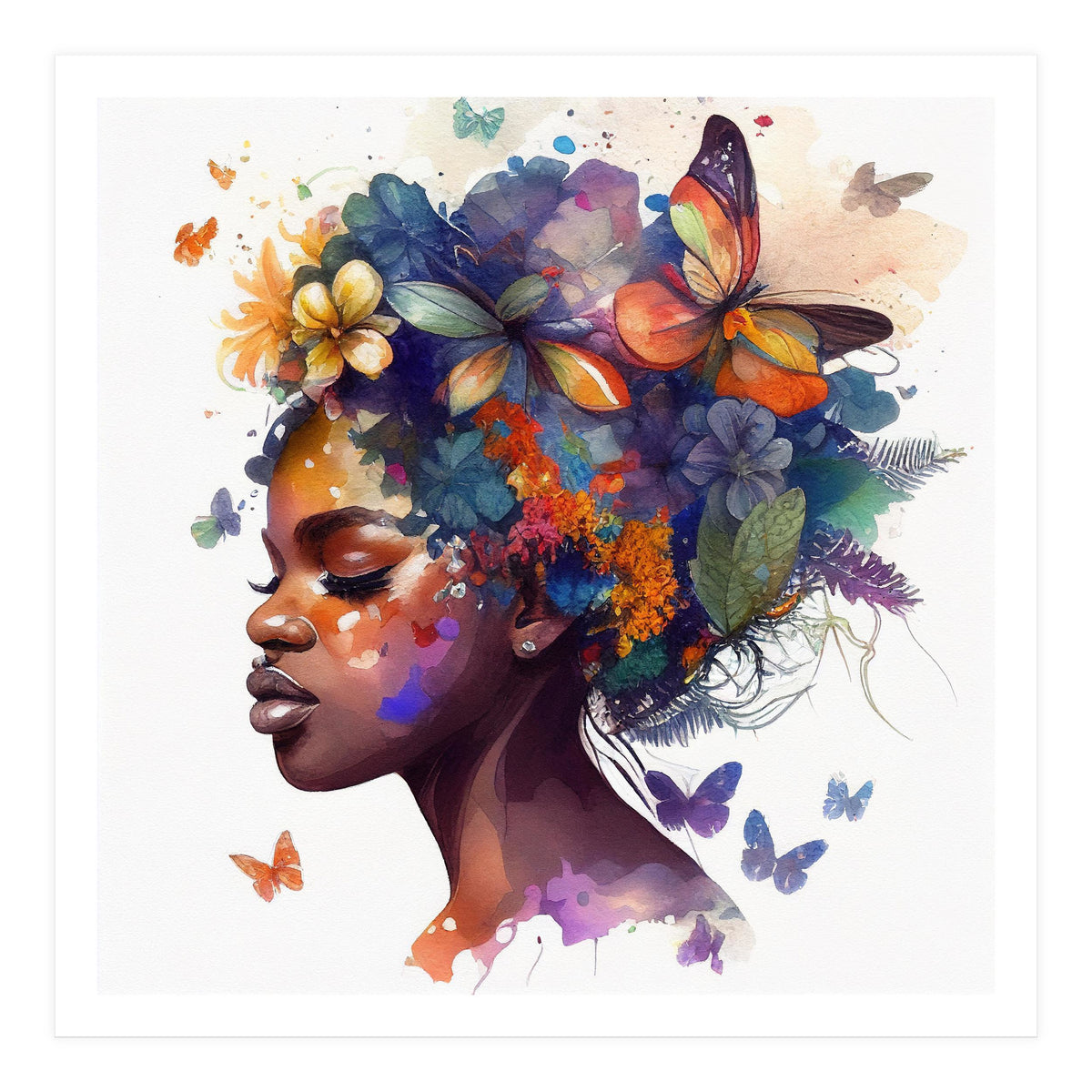 Watercolor Butterfly African Woman #7 (Print Only)