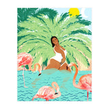 Tropical Summer Water Yoga with Palm & Flamingos | Woman of Color Black Woman Body Positivity (Print Only) thumbnail