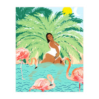 Tropical Summer Water Yoga with Palm & Flamingos | Woman of Color Black Woman Body Positivity (Print Only)