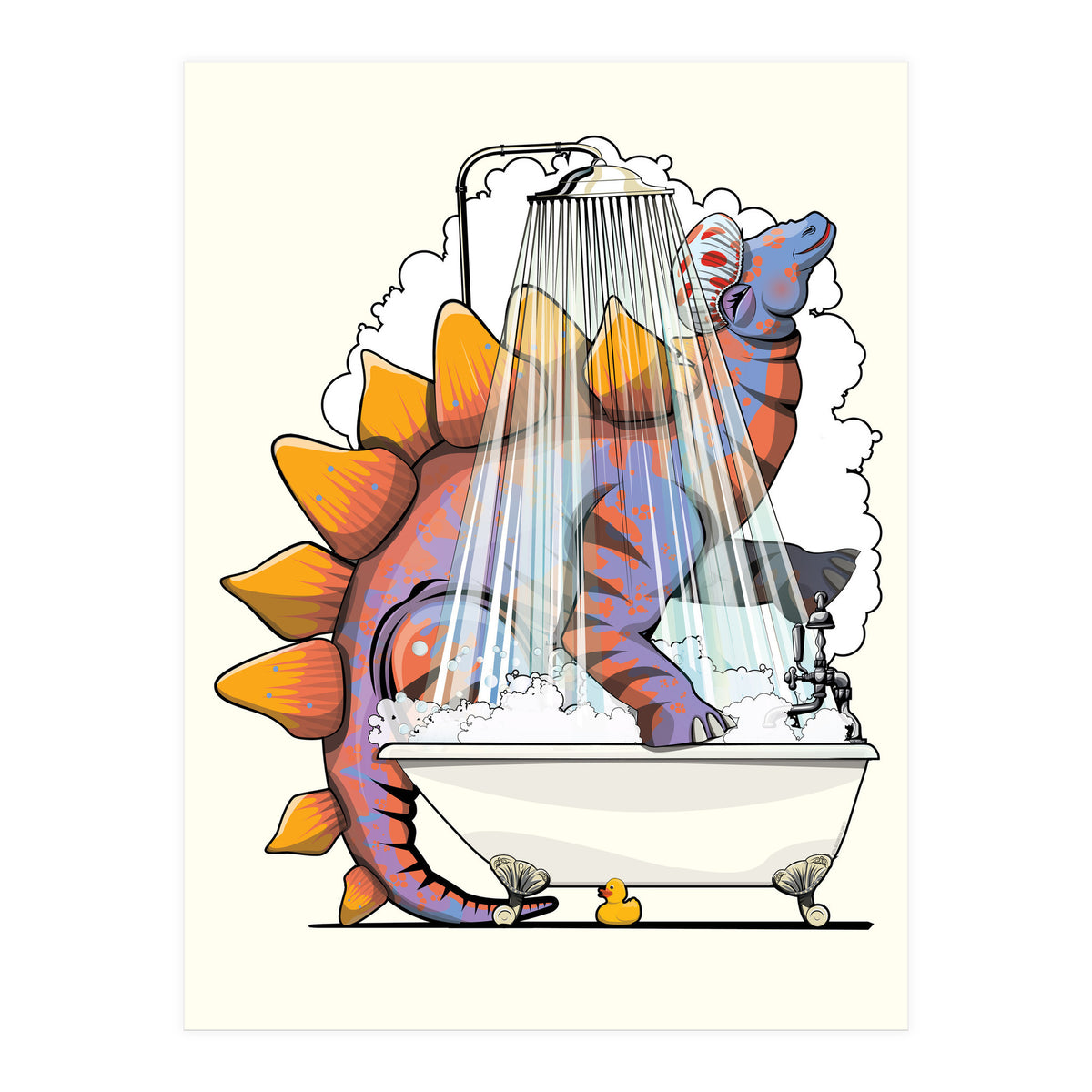 Dinosaur Stegosaurus in the Shower, funny bathroom humour (Print Only)
