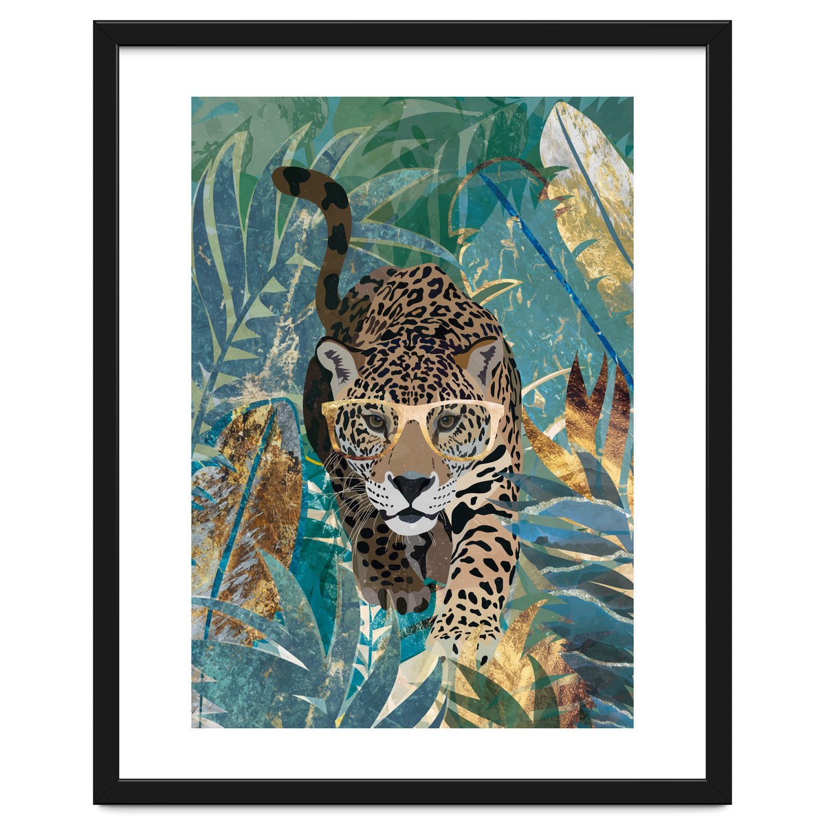 Jaguar in the gold and green tropical jungle