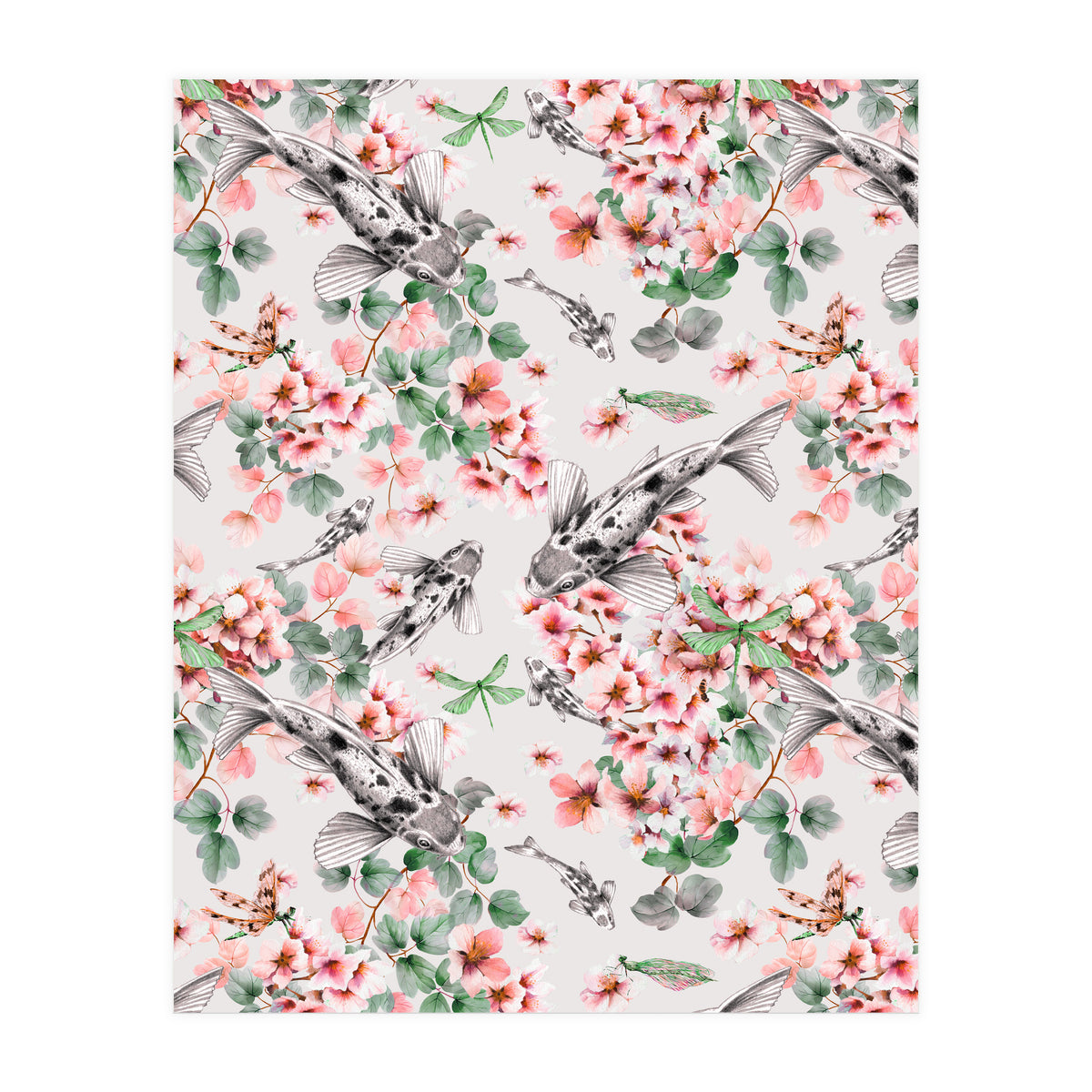 Asian fish among flowers (Print Only)