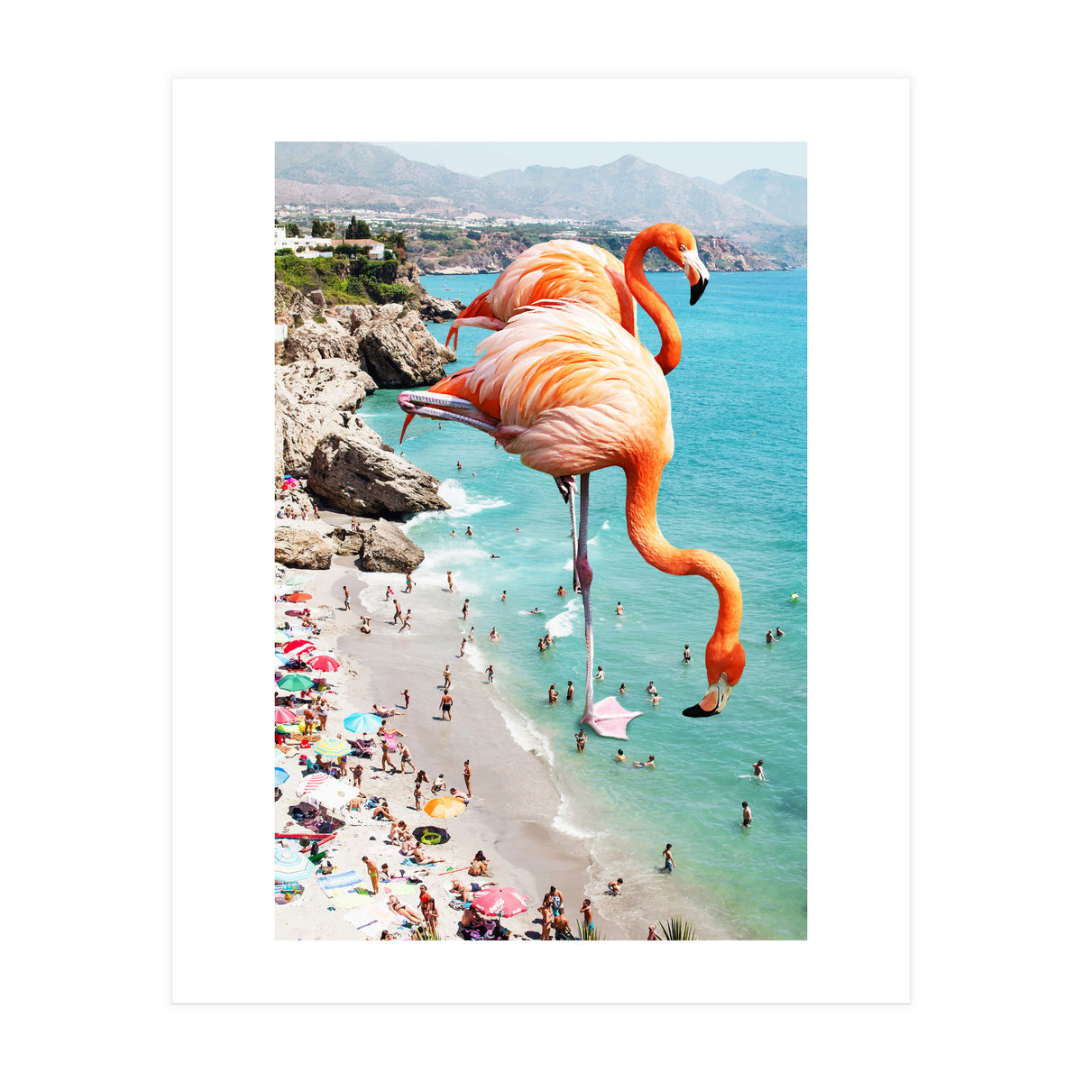 Flamingos on the Beach, Wildlife Surrealism Birds, Nature Flamingo Fantasy Beach Summer Photography (Print Only)