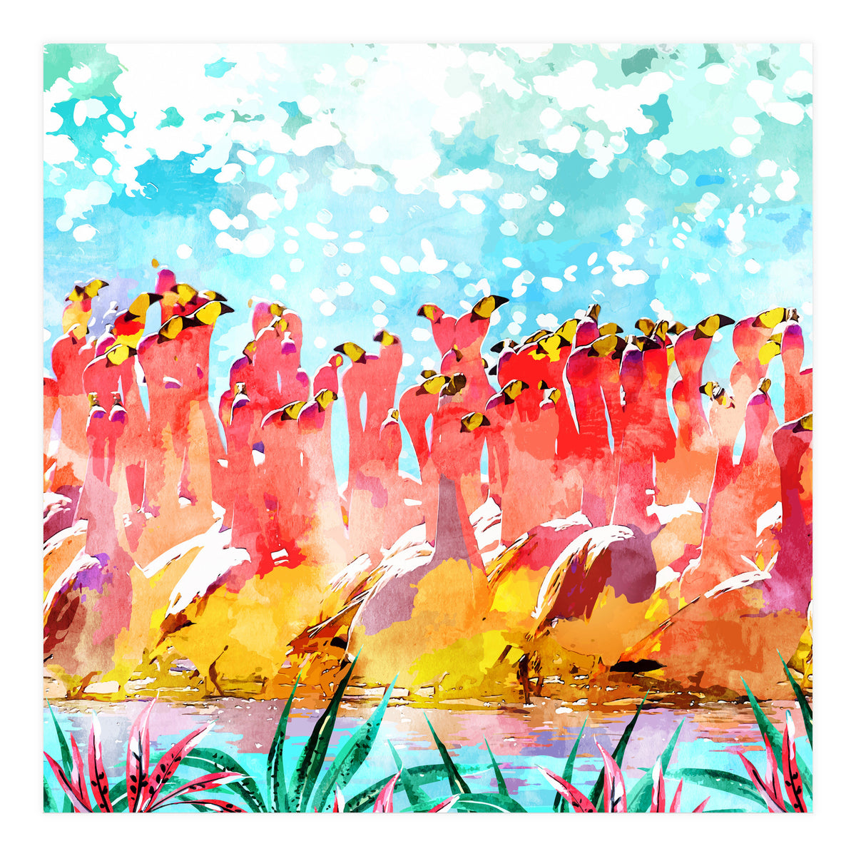Save The Tropics Series Flamingo Flock Watercolor Painting (Print Only)