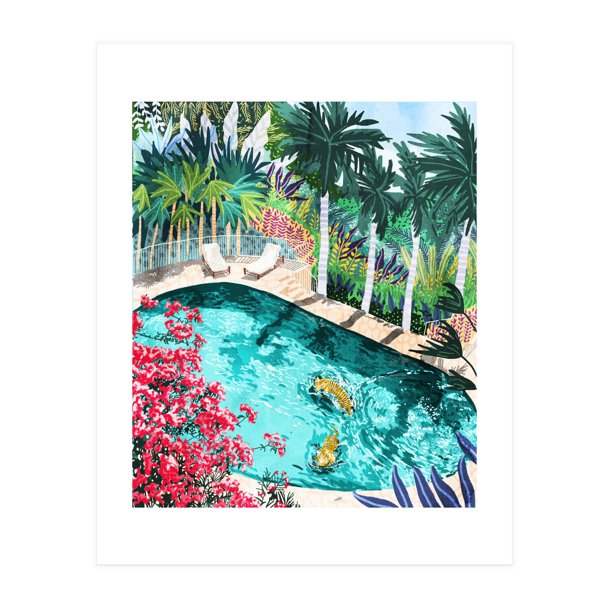 Luxury Tiger Villa illustration, Architecture Travel Nature Painting, Hotel Landscape Garden (Print Only)