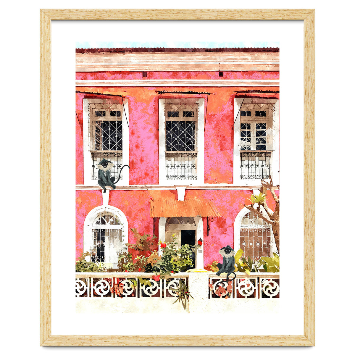 Monkey Business | Watercolor Tropical Goa Architecture Painting | Travel Pastel Pink Blush Building