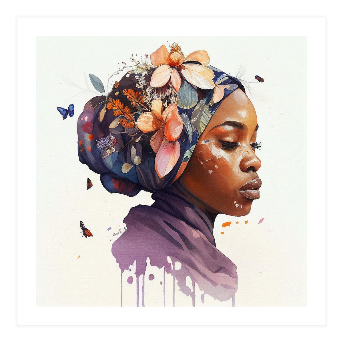 Watercolor Floral Muslim African Woman #4 (Print Only)
