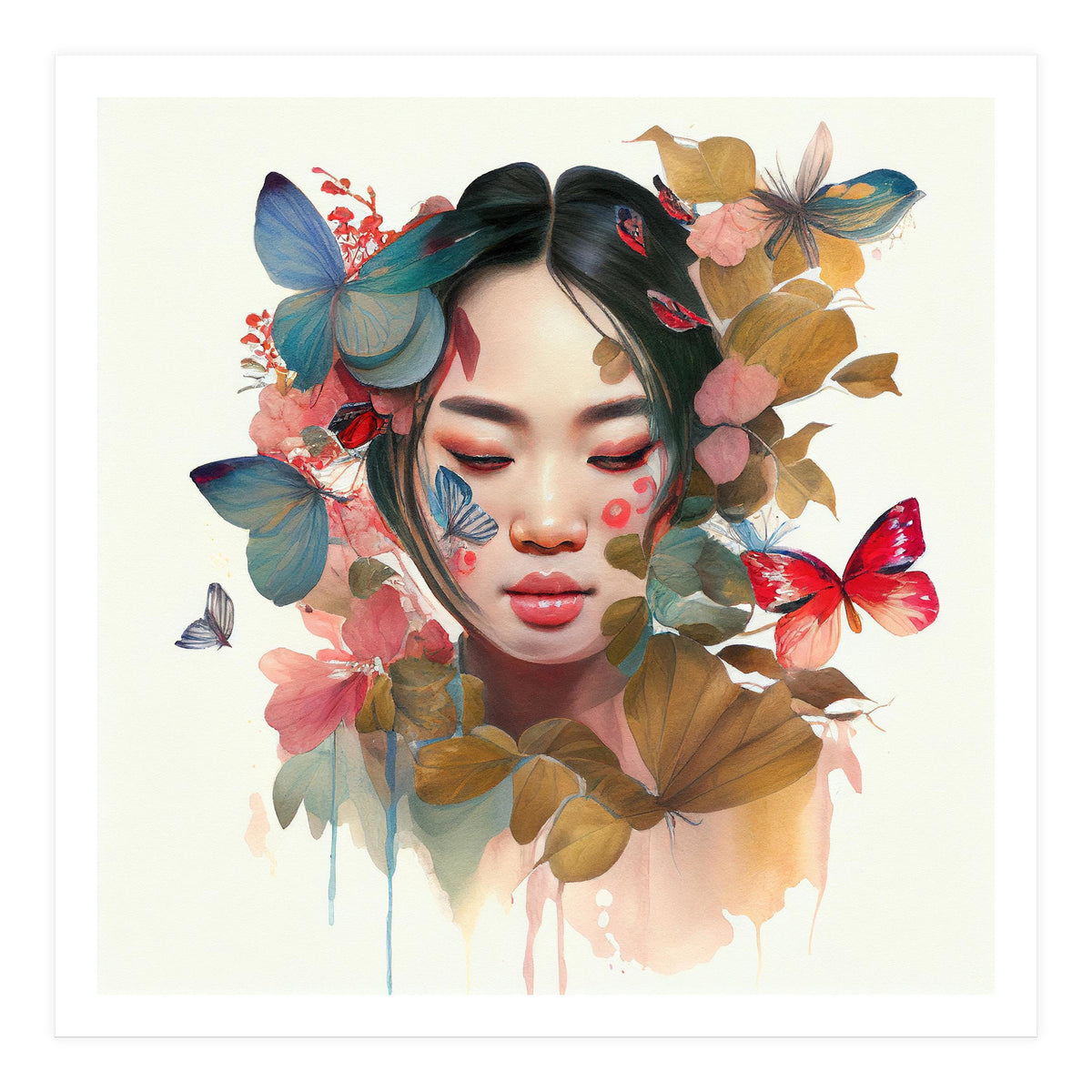 Watercolor Floral Asian Woman #9 (Print Only)