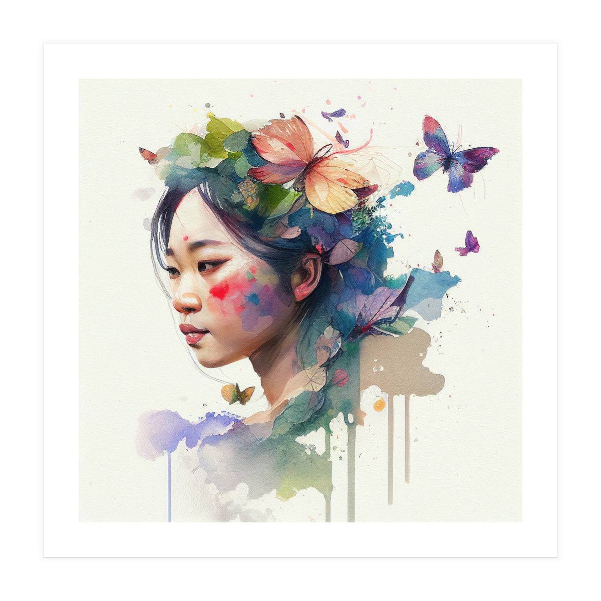 Watercolor Floral Asian Woman #7 (Print Only)