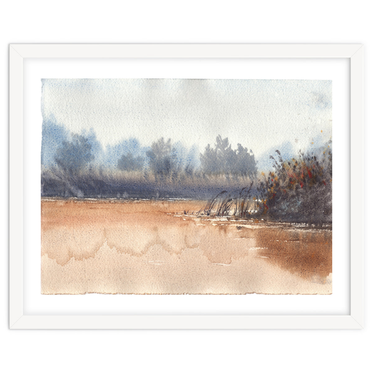 Landscape painting watercolor. Foggy