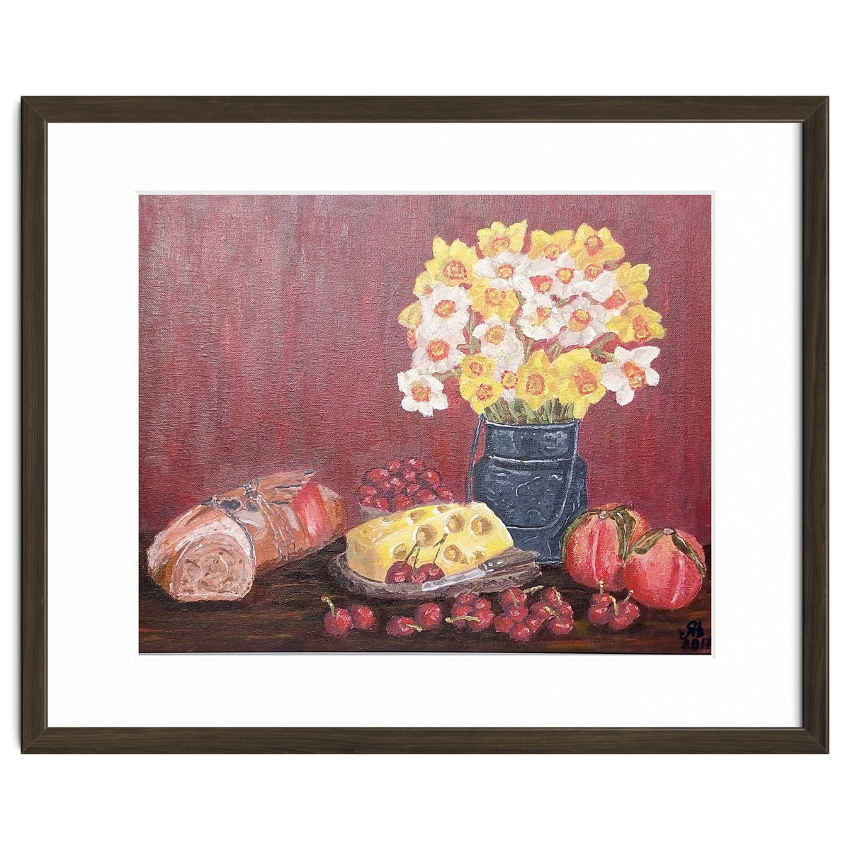 Still life with cheese, daffodils on a red background.