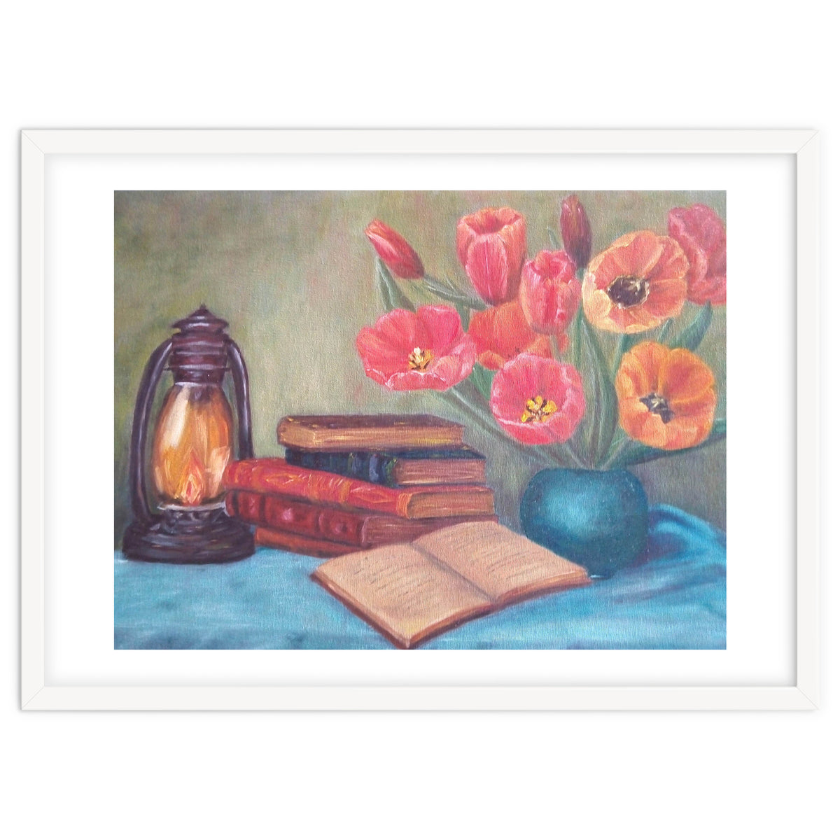 Still life with tulips, books and an old lamp.