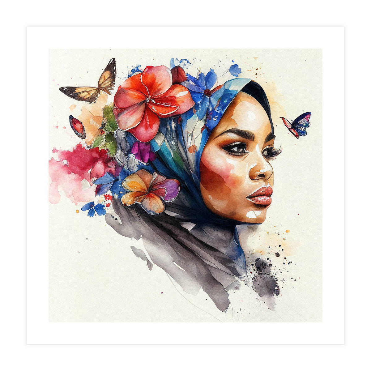 Watercolor Floral Muslim Arabian Woman #2 (Print Only)
