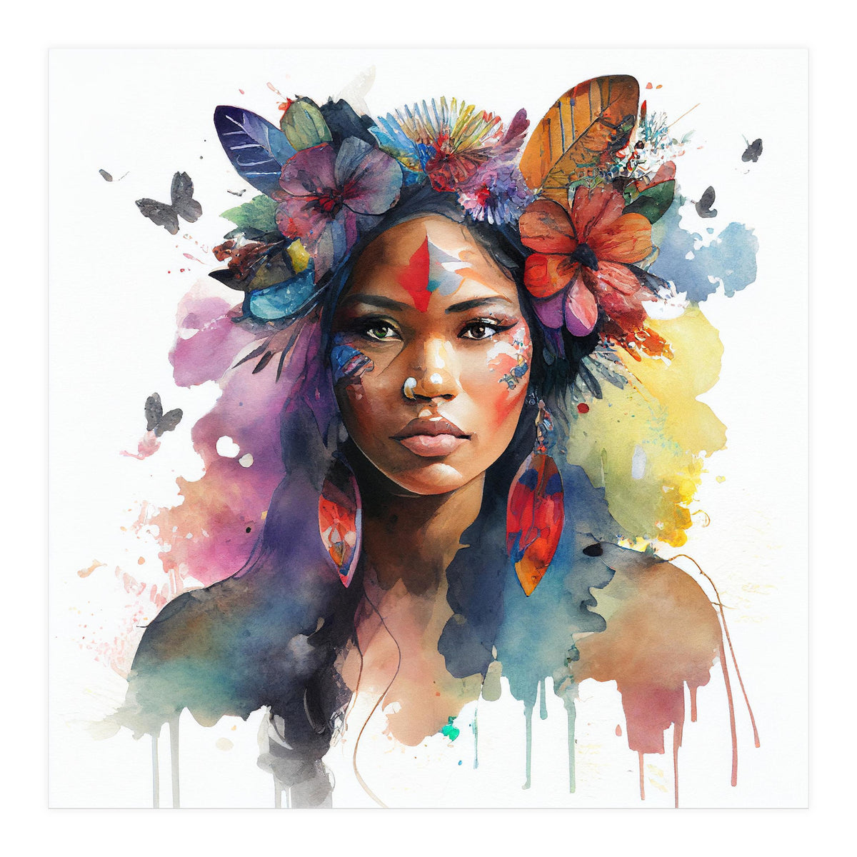 Watercolor Floral Indian Native Woman #1 (Print Only)