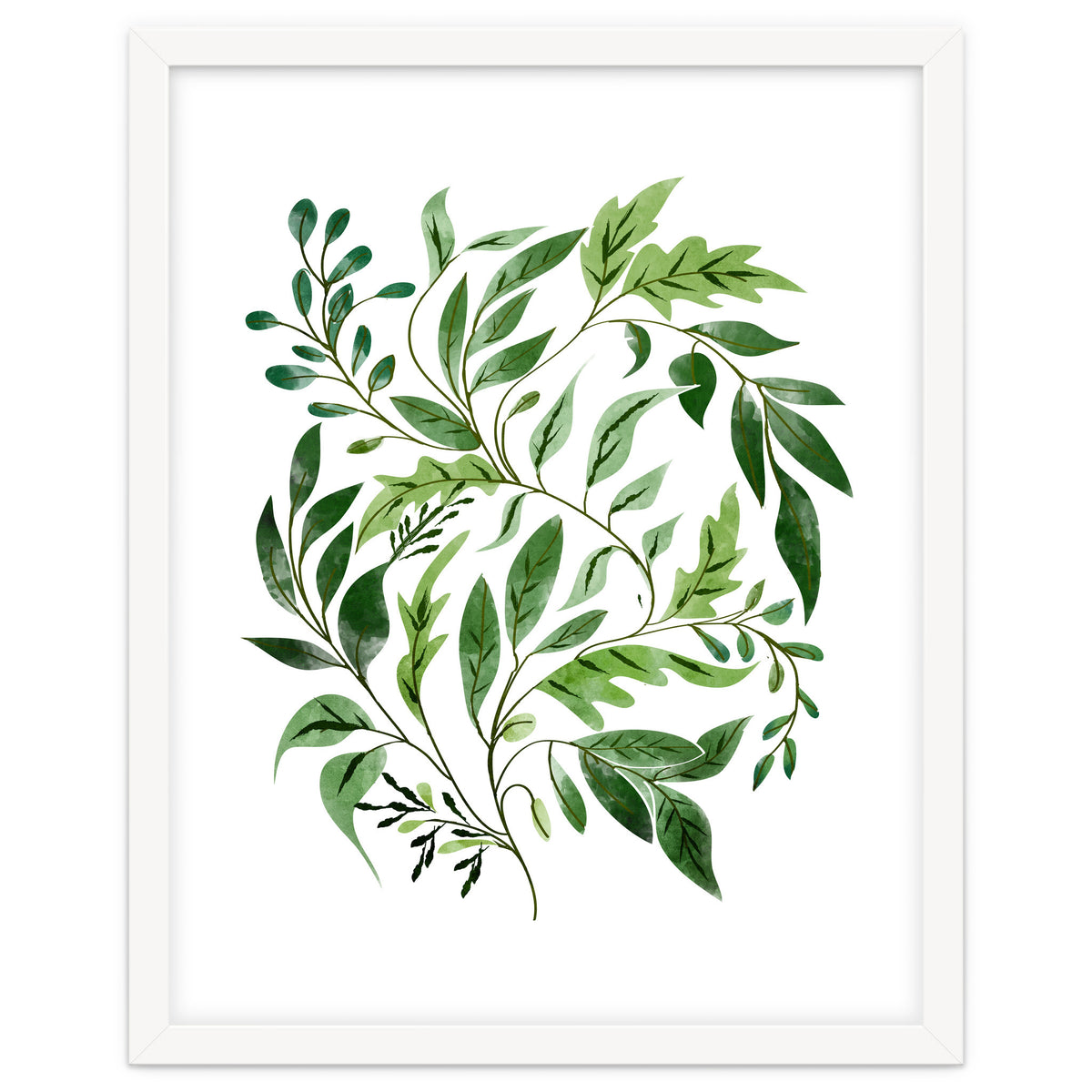 Botanical Abundance, Fresh Green Nature Watercolor Painting, Vibrant Leaves Minimal Illustration