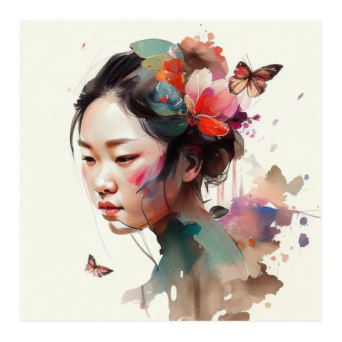 Watercolor Floral Asian Woman #4 (Print Only)