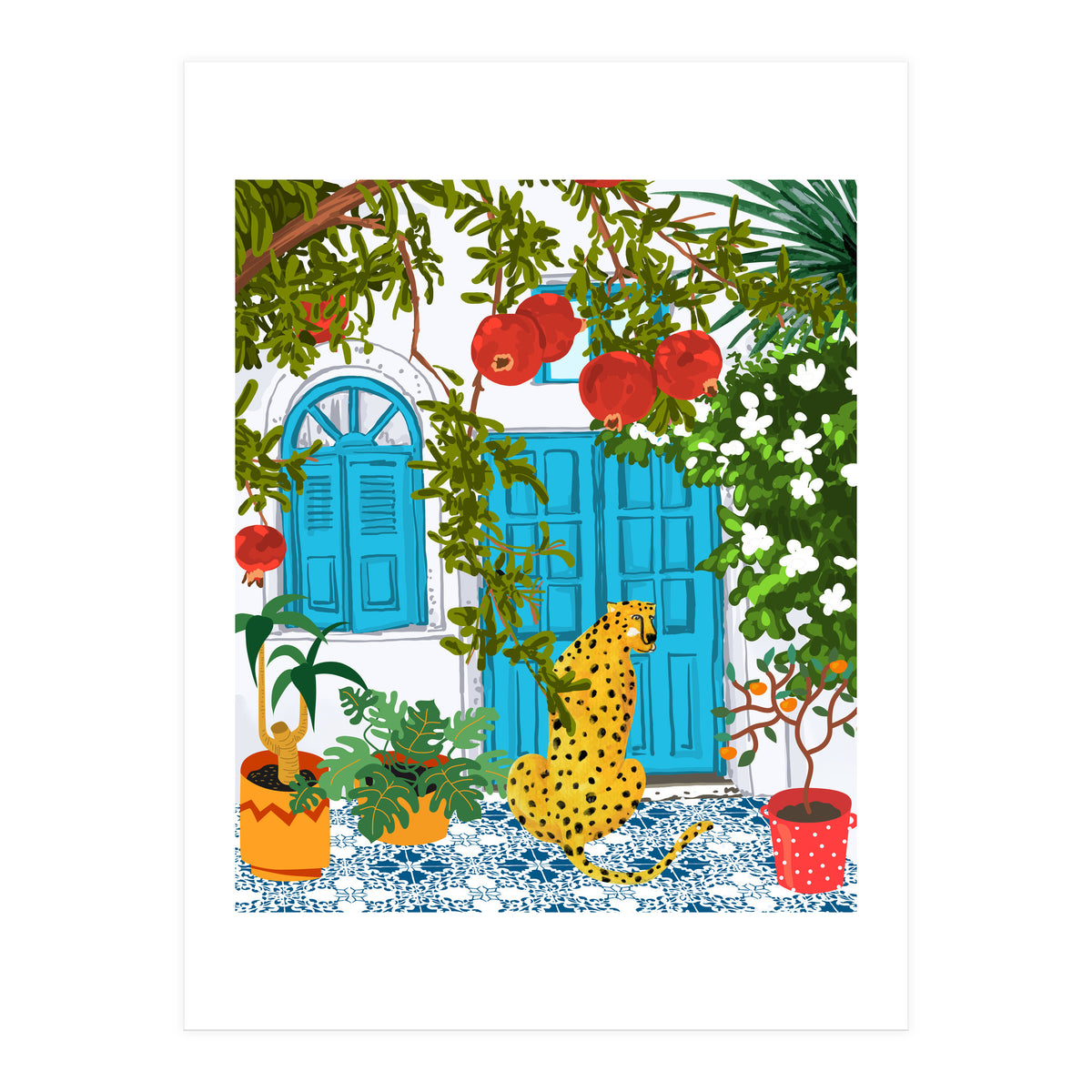 Cheetah Home, Morocco Architecture Illustration, Greece Cats Tropical Urban Jungle Pomegranate  (Print Only)