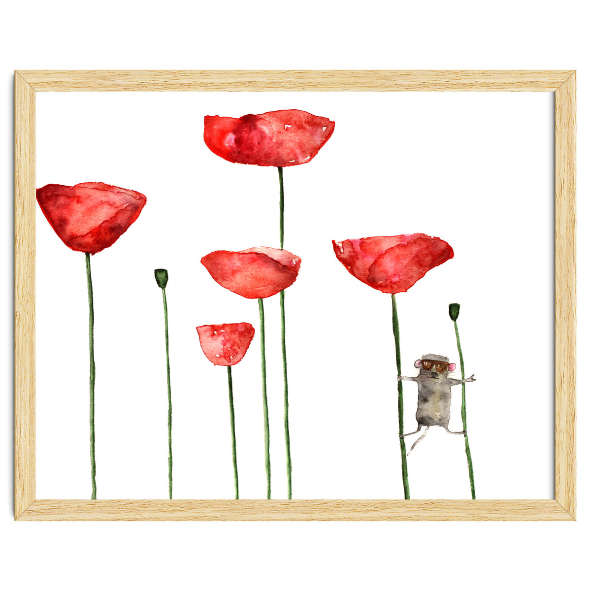 Little mouse loves big poppies || watercolor for nursery