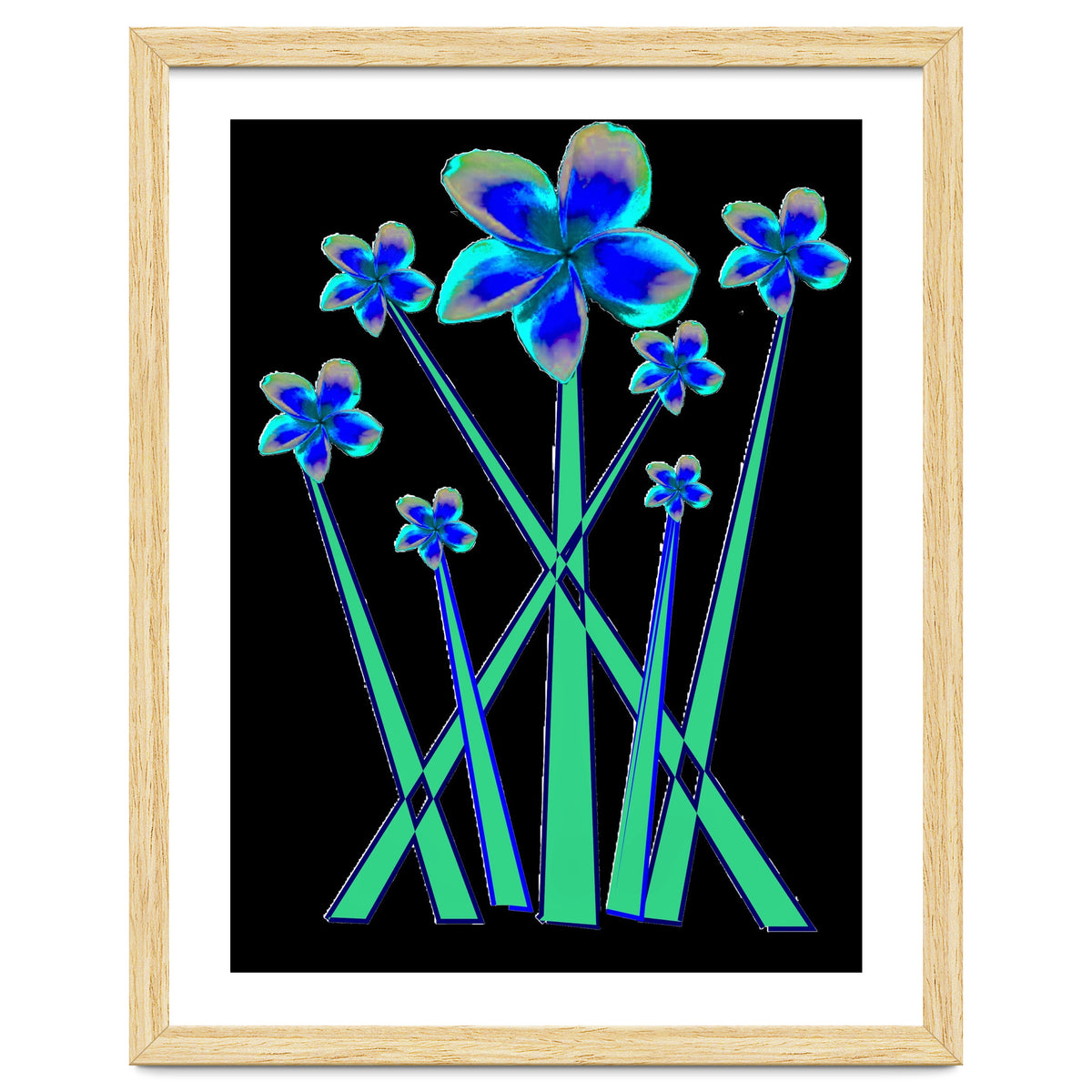 Blue flowers on black.