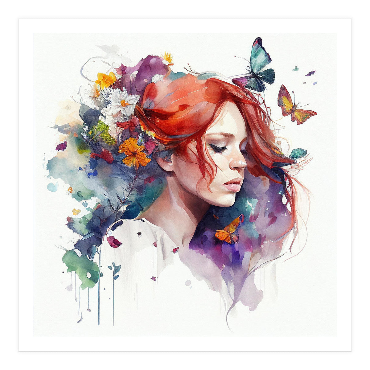 Watercolor Floral Red Hair Woman #1 (Print Only)