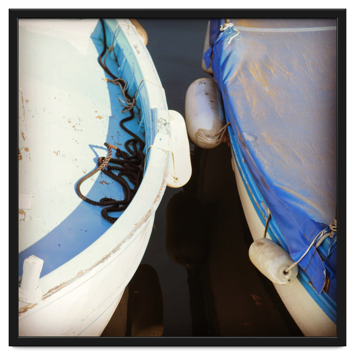 Blue and white wooden fishing boats