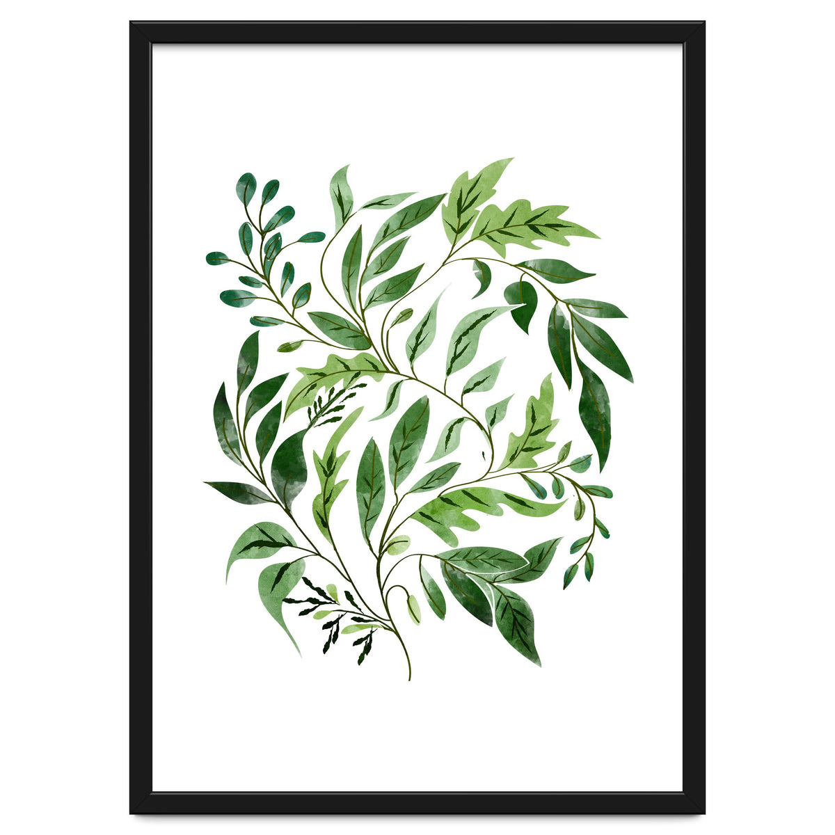 Botanical Abundance, Fresh Green Nature Watercolor Painting, Vibrant Leaves Minimal Illustration