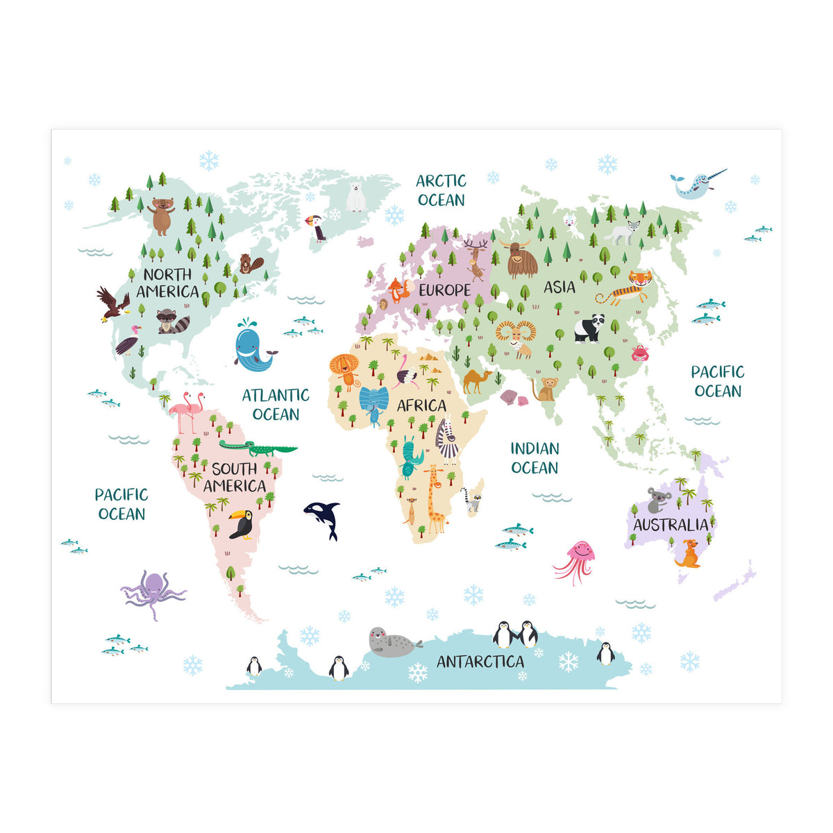 Pastel Animal World Map  (Print Only)