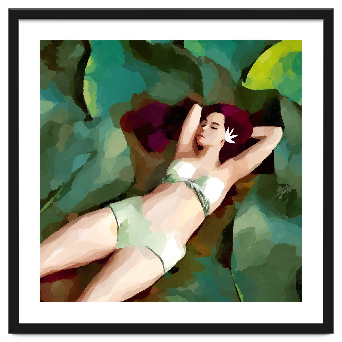 The Moment of Peace, Girl Woman on Lotus Leaf, Tropical Nature Botanical Watercolor Bohemian Painting