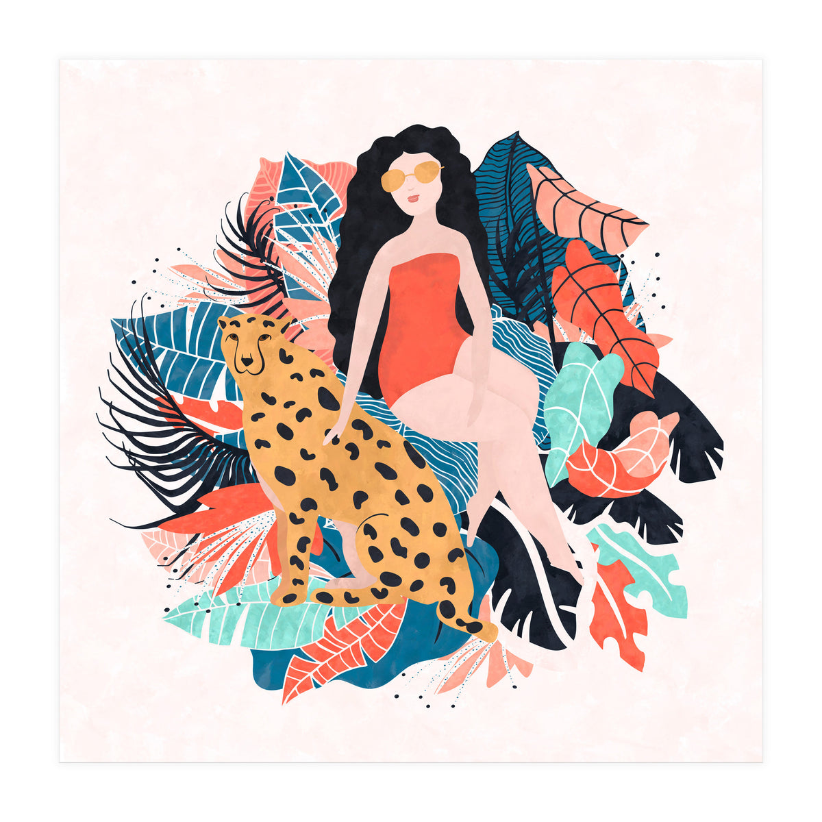 Black Hair Tropical Girl With Cheetah (Print Only)