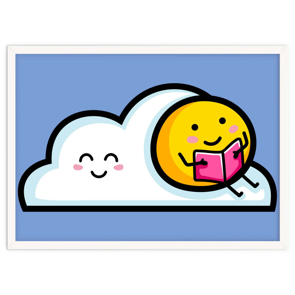 Kawaii Cute Sun Reading A Book On A Cloud