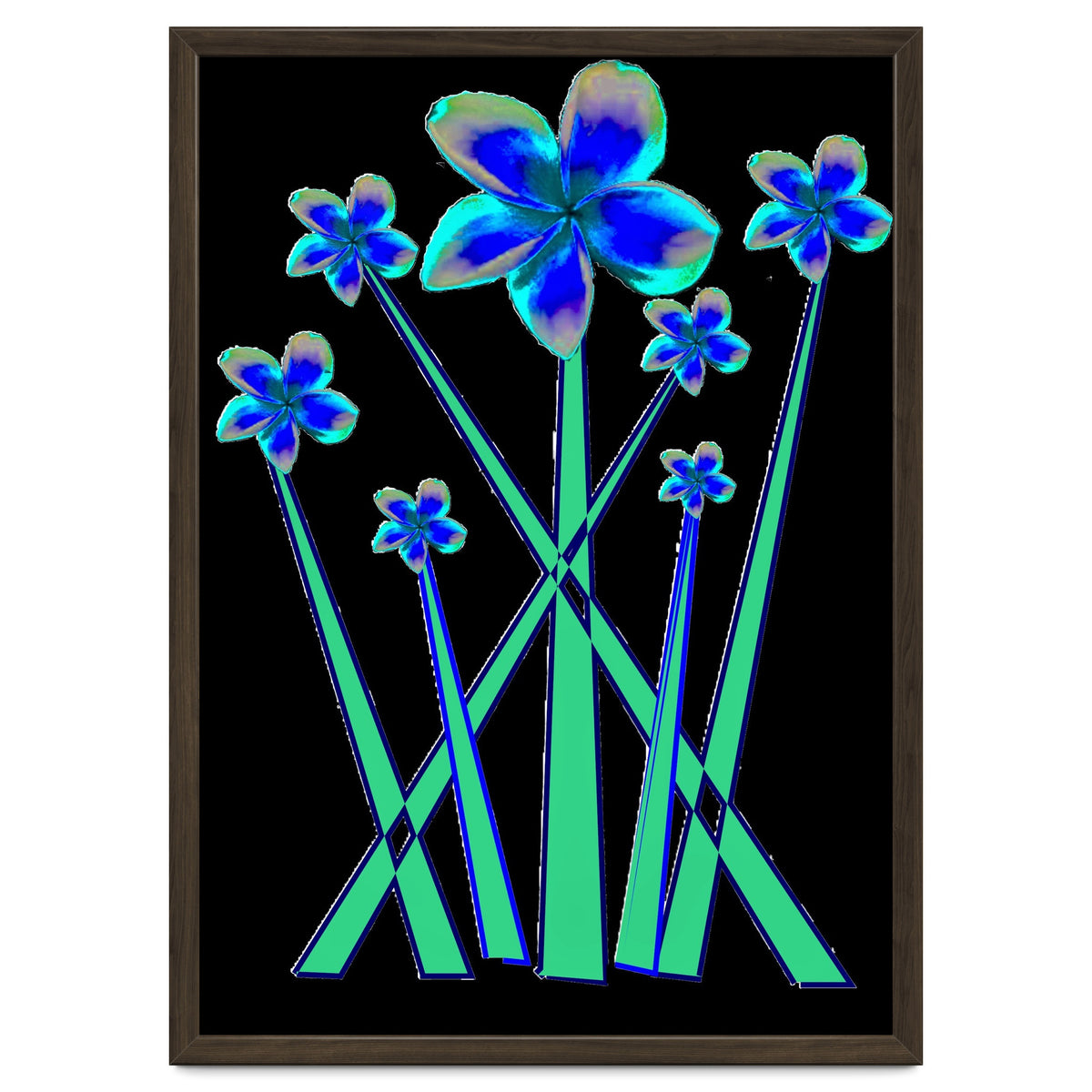 Blue flowers on black.
