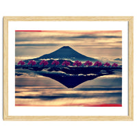 Reflection on Mount Fuji with cherry trees.