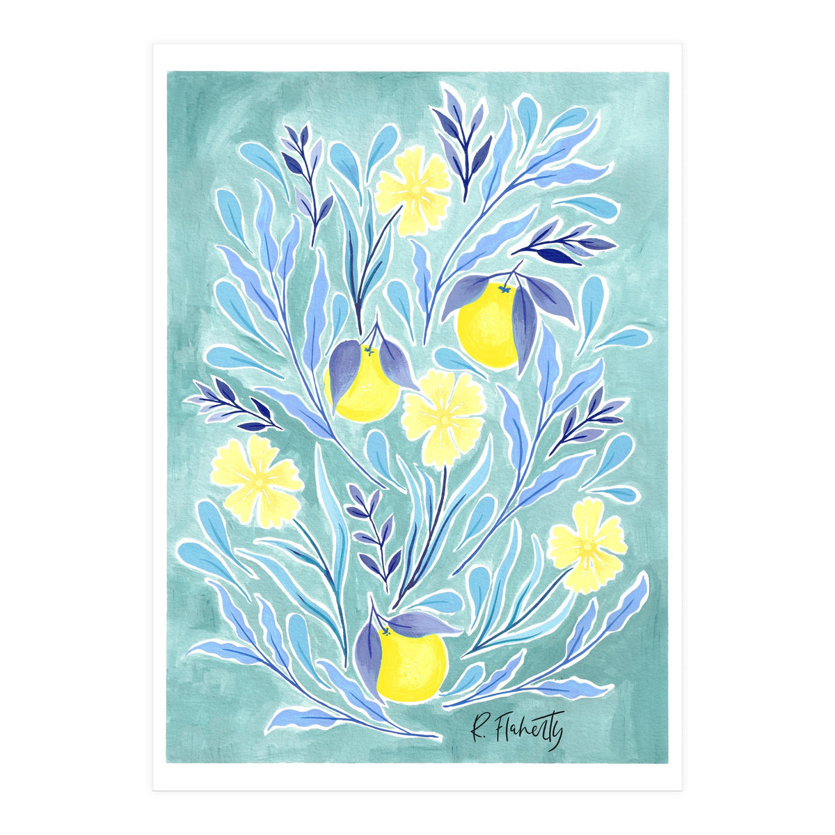 Wild Orange Floral | Lemon & Duck Egg Blue (Print Only)