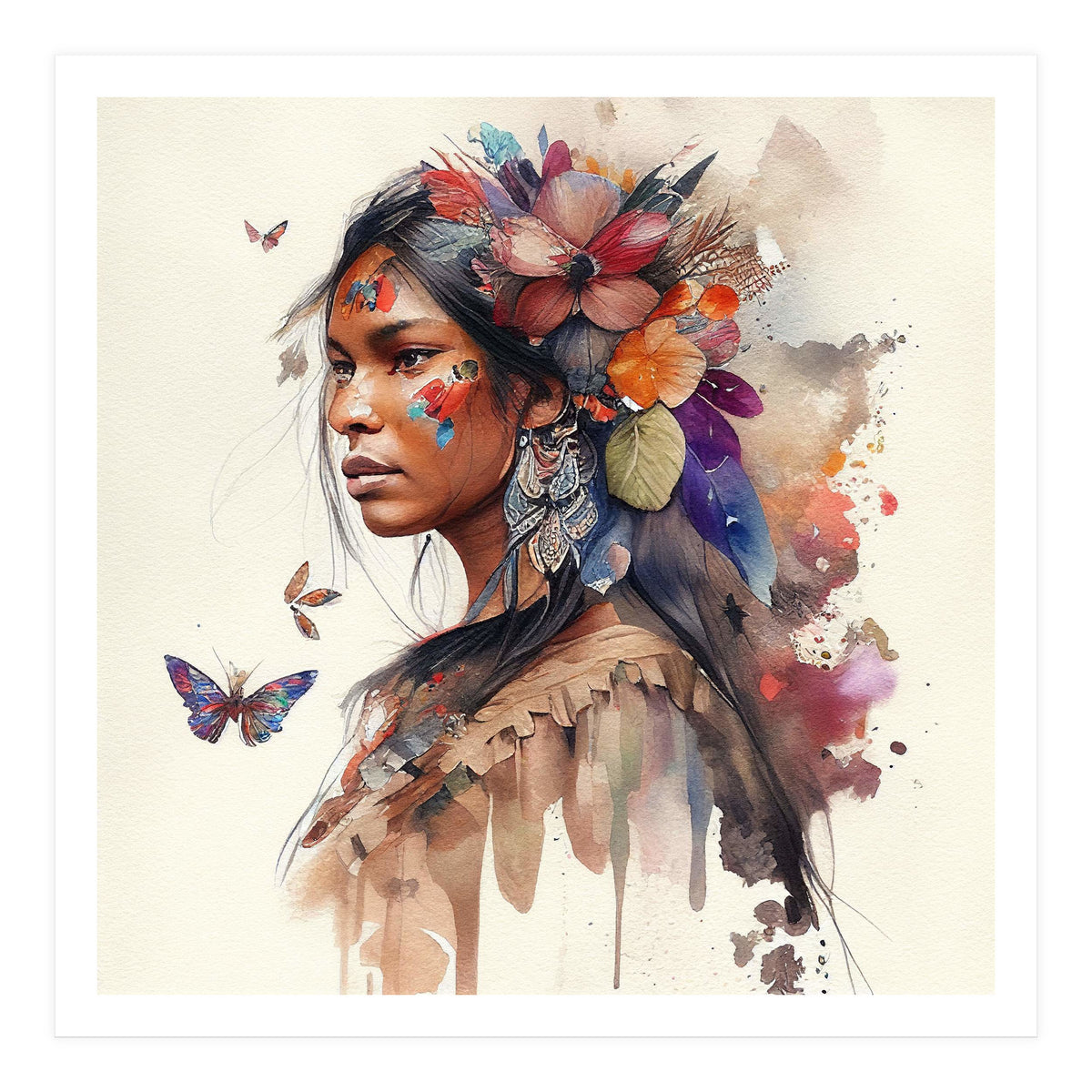 Watercolor Floral Indian Native Woman #9 (Print Only)