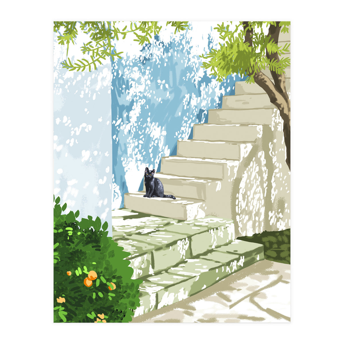 Black cat on the steps Poster, Greece Santorini summer travel pet painting (Print Only)