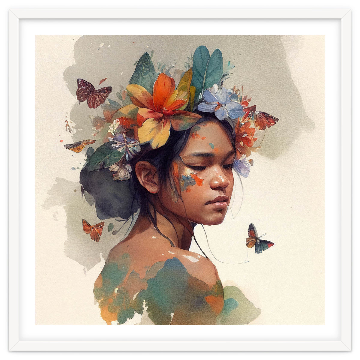 Watercolor Floral Indonesian Native Woman #1