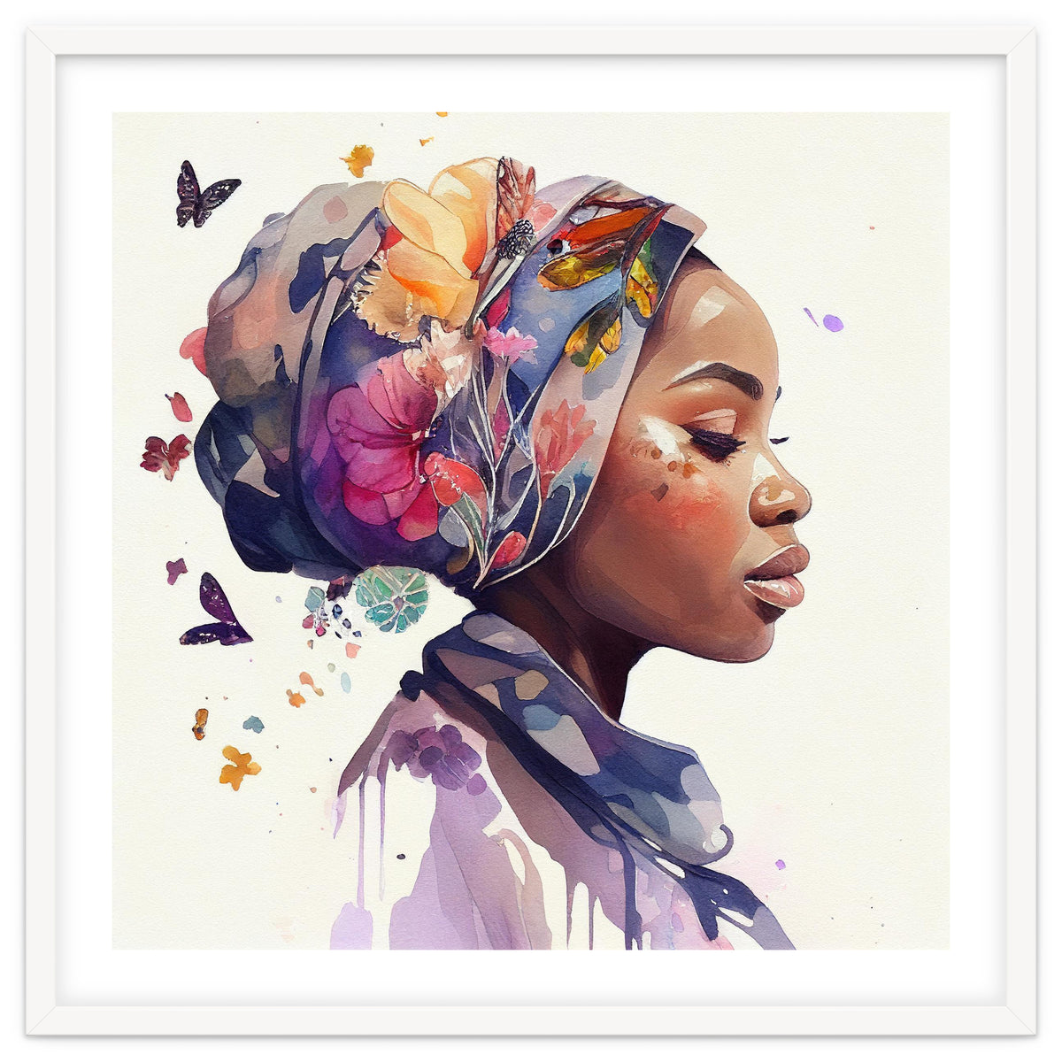 Watercolor Floral Muslim African Woman #1
