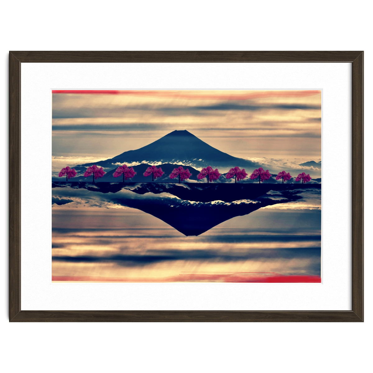 Reflection on Mount Fuji with cherry trees.