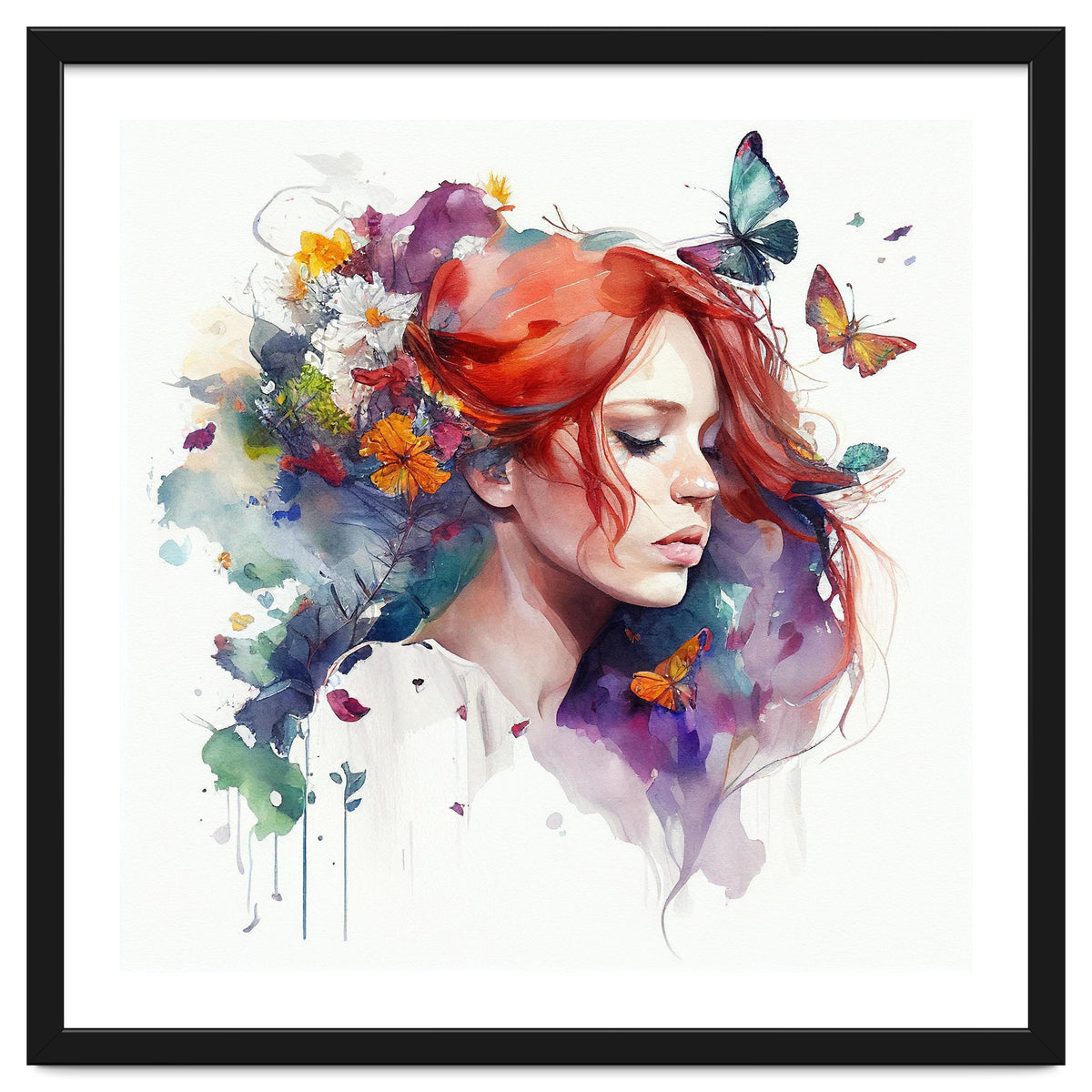 Watercolor Floral Red Hair Woman #1