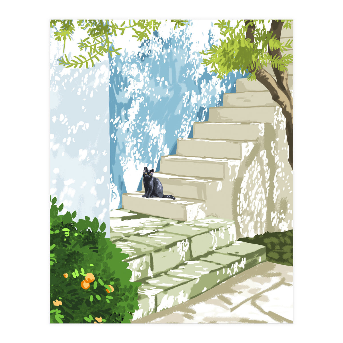 Black cat on the steps Poster, Greece Santorini summer travel pet painting (Print Only)