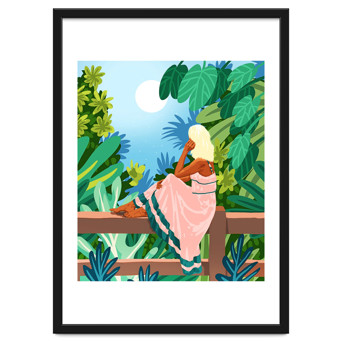 Forest Moon, Bohemian Woman Jungle Nature Tropical Colorful Travel Fashion Illustration