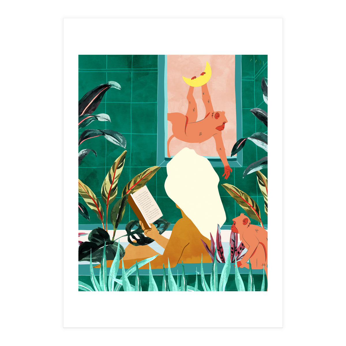 Urban Jungle Bath | Tropical Modern Bohemian Woman Bathtub | Pet Monkey Wild Animals Moon Watercolor (Print Only)