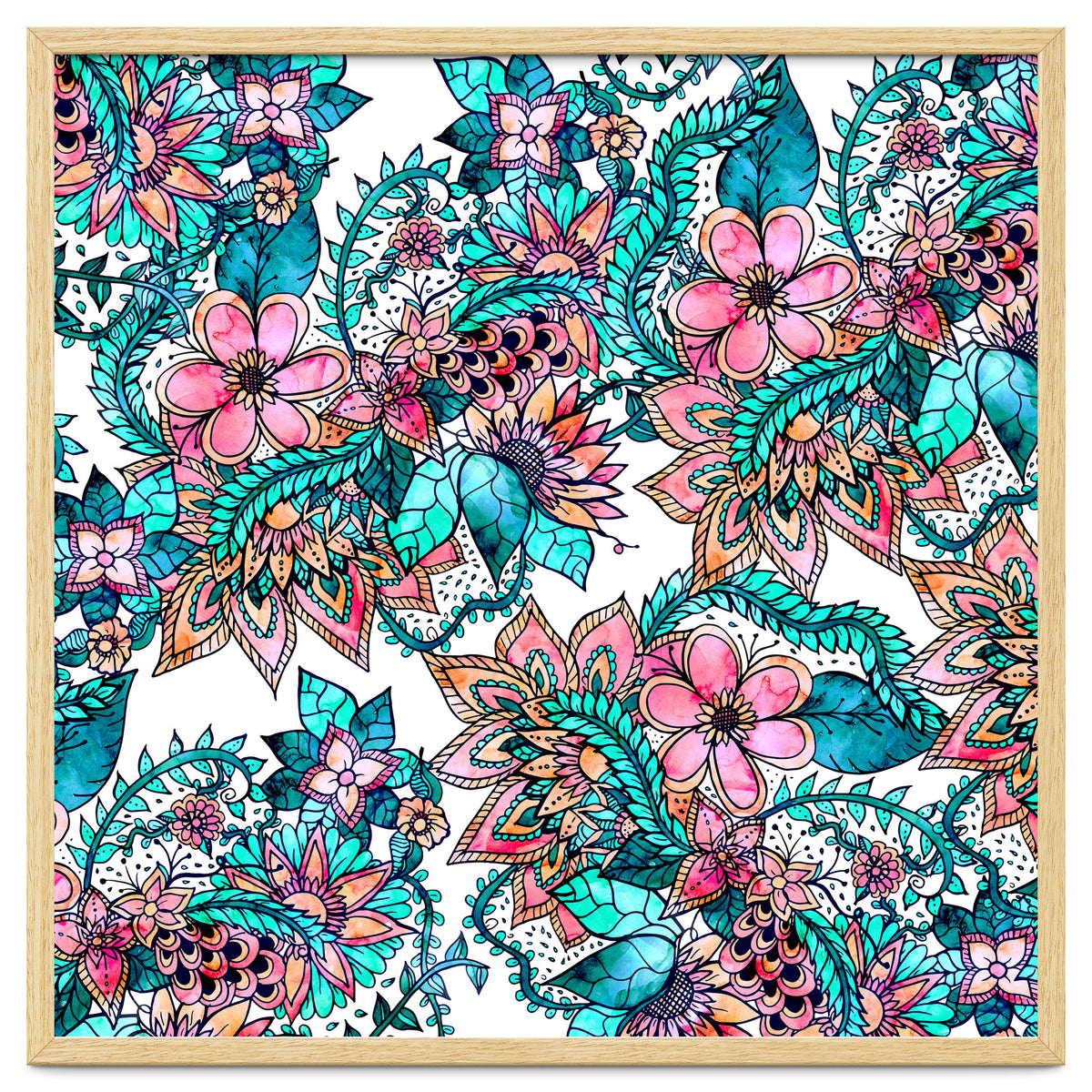 Boho turquoise pink floral watercolor illustration