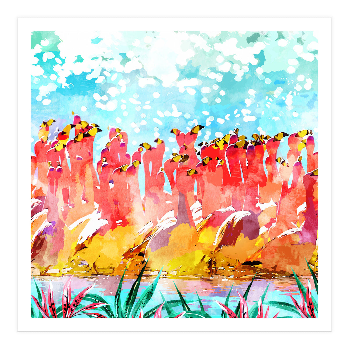 Save The Tropics Series Flamingo Flock Watercolor Painting (Print Only)