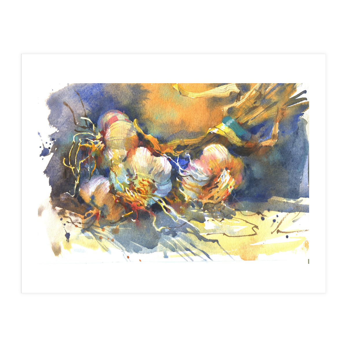 Garlic still life watercolor painting for kitchen  (Print Only)