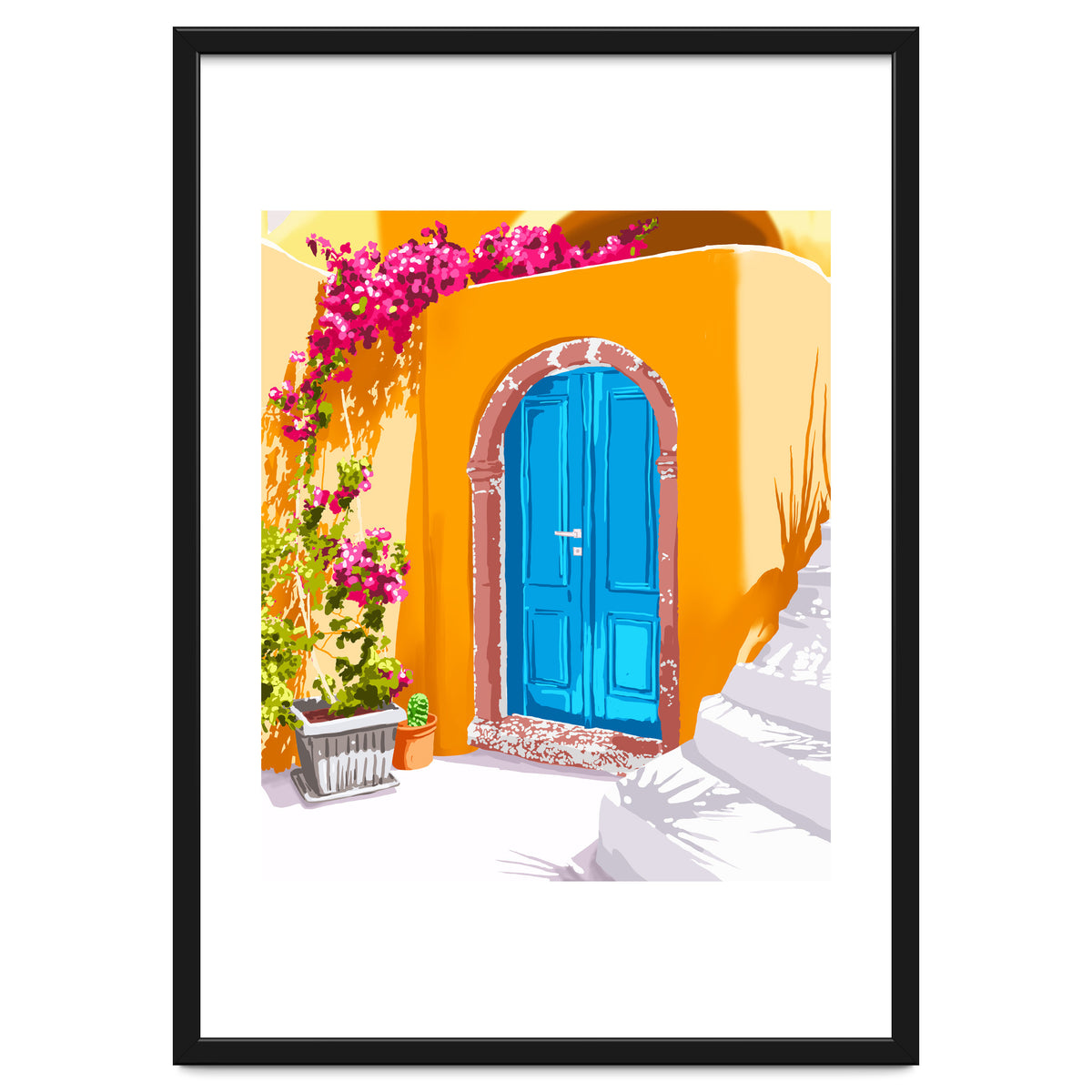 Sunny Morocco, Summer Architecture Greece Travel Painting, Boungainvillea Tropical Floral