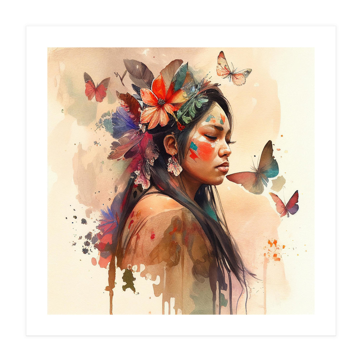 Watercolor Floral Indian Native Woman #8 (Print Only)