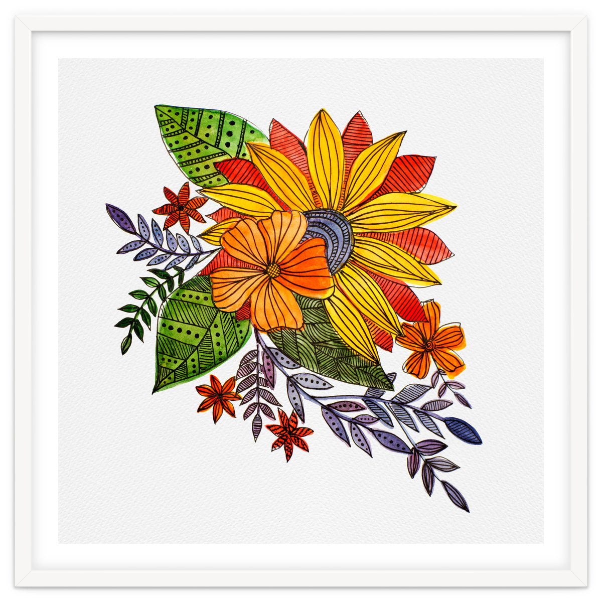 Watercolor and ink Sunflower